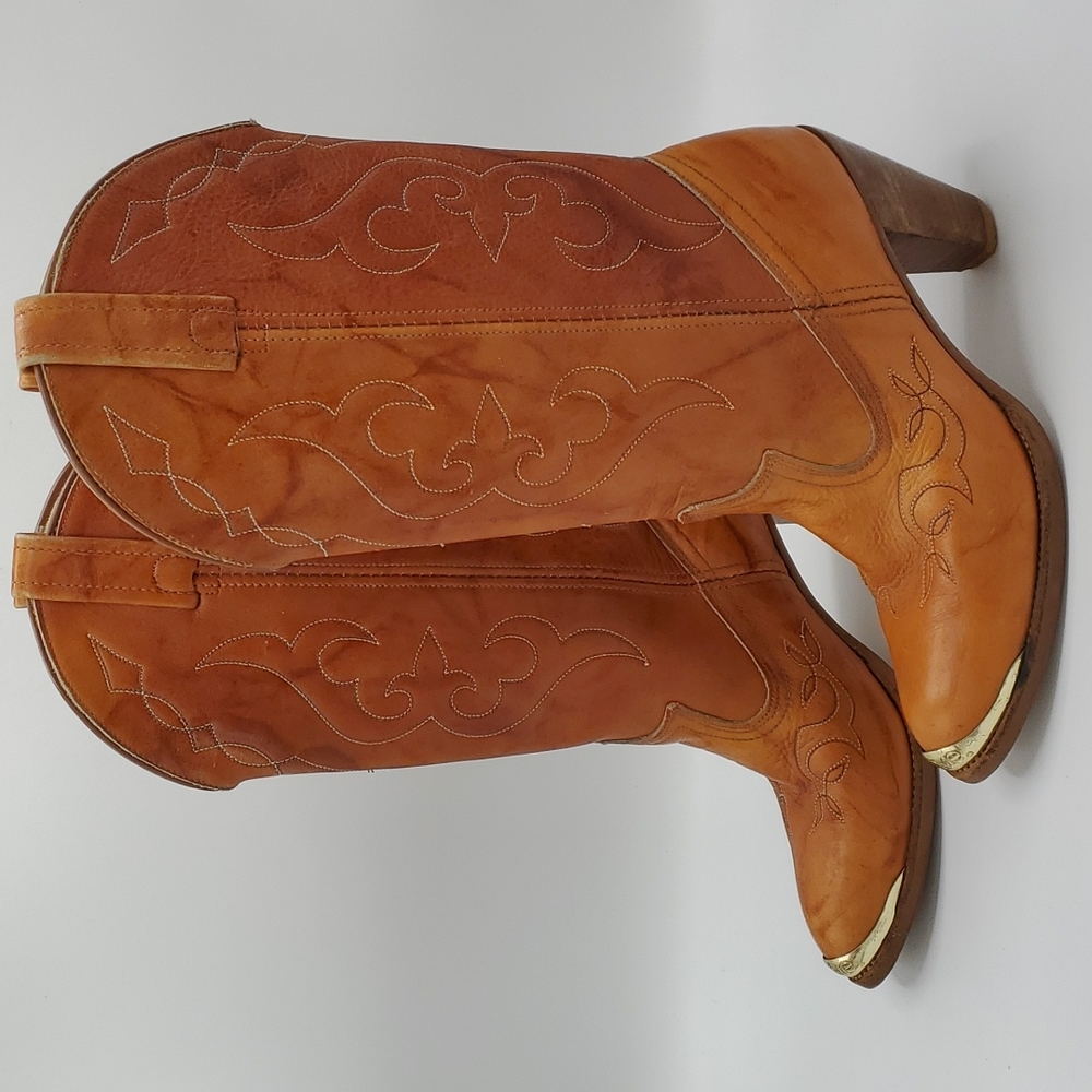 Acme Vintage Leather Western Dingo Cowboy Embroidered Metal Toe Boot Heel Stitch